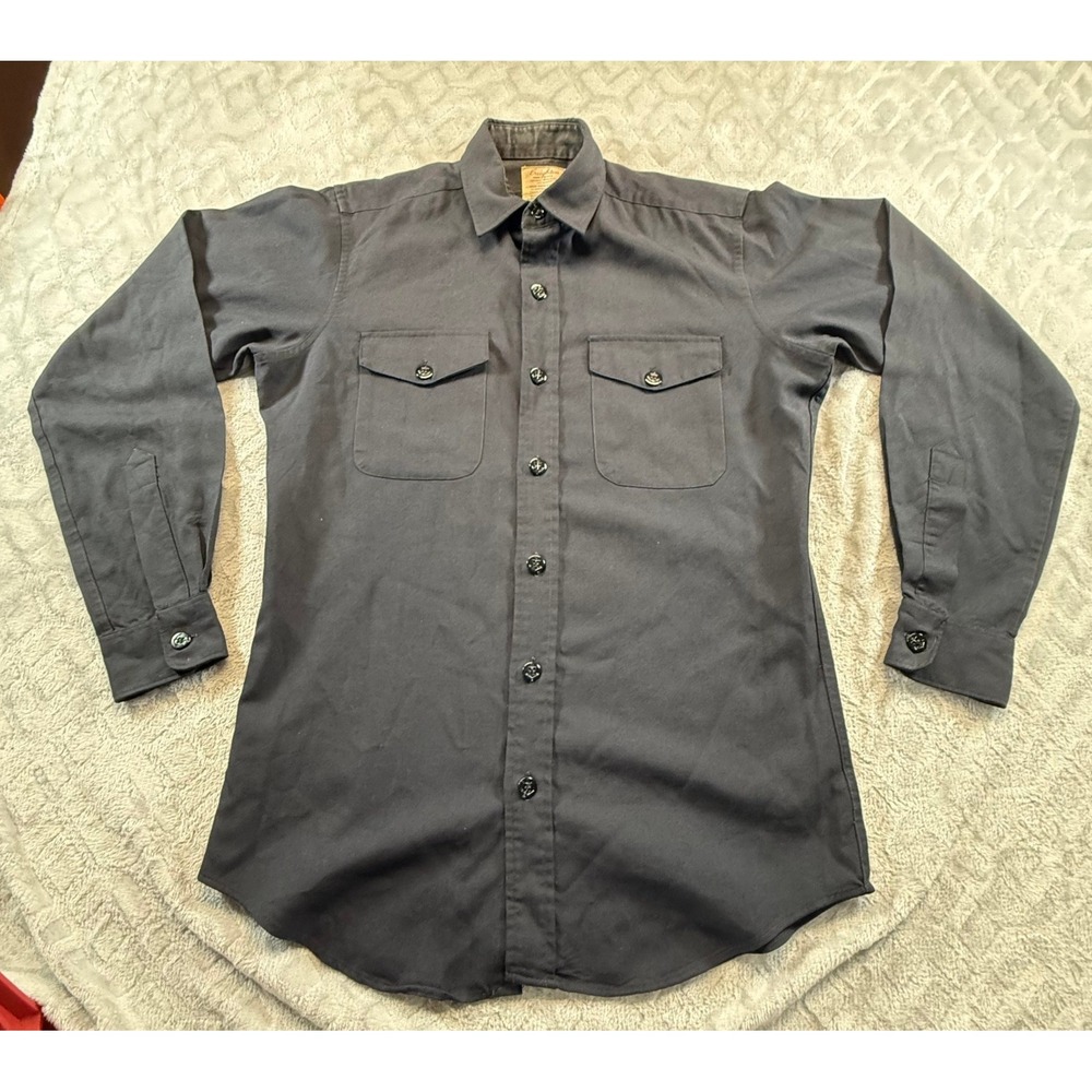 Vintage Creighton Button Up Men 15.5 345 Black Long Sleeve‎ Anchor Button Pocket